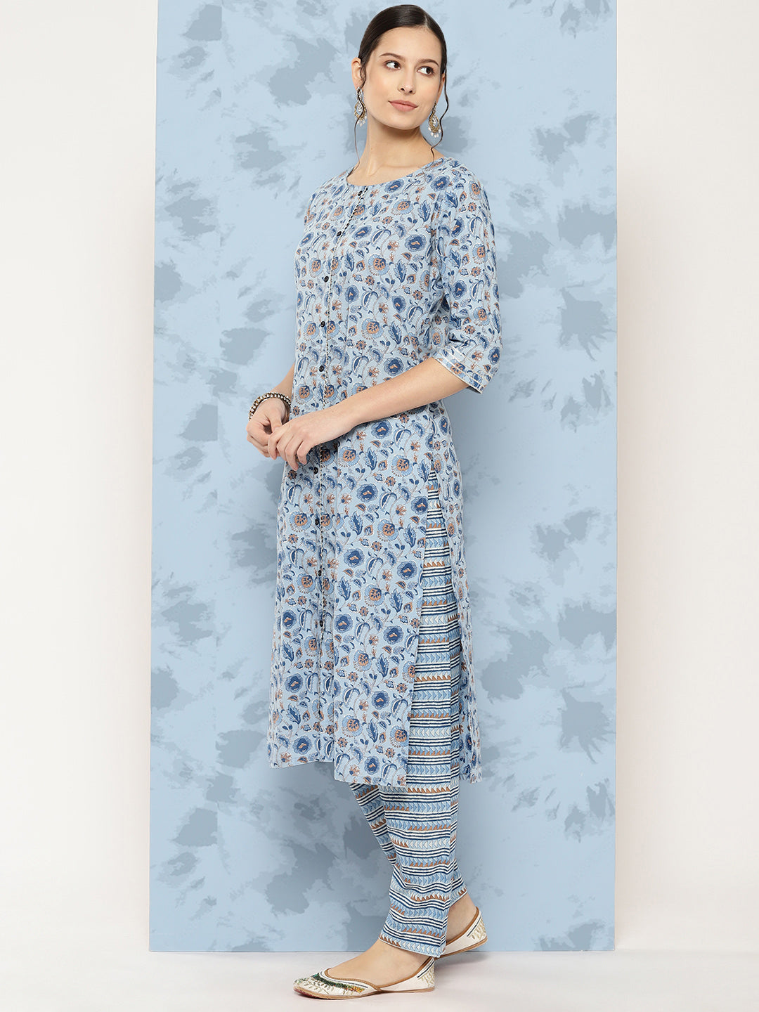 Women's Blue Floral Printed A-Line Kurta With Palazzo And Dupatta