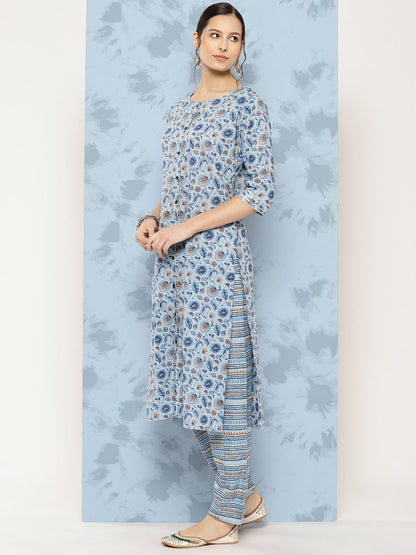 Women's Blue Floral Printed A-Line Kurta With Palazzo And Dupatta
