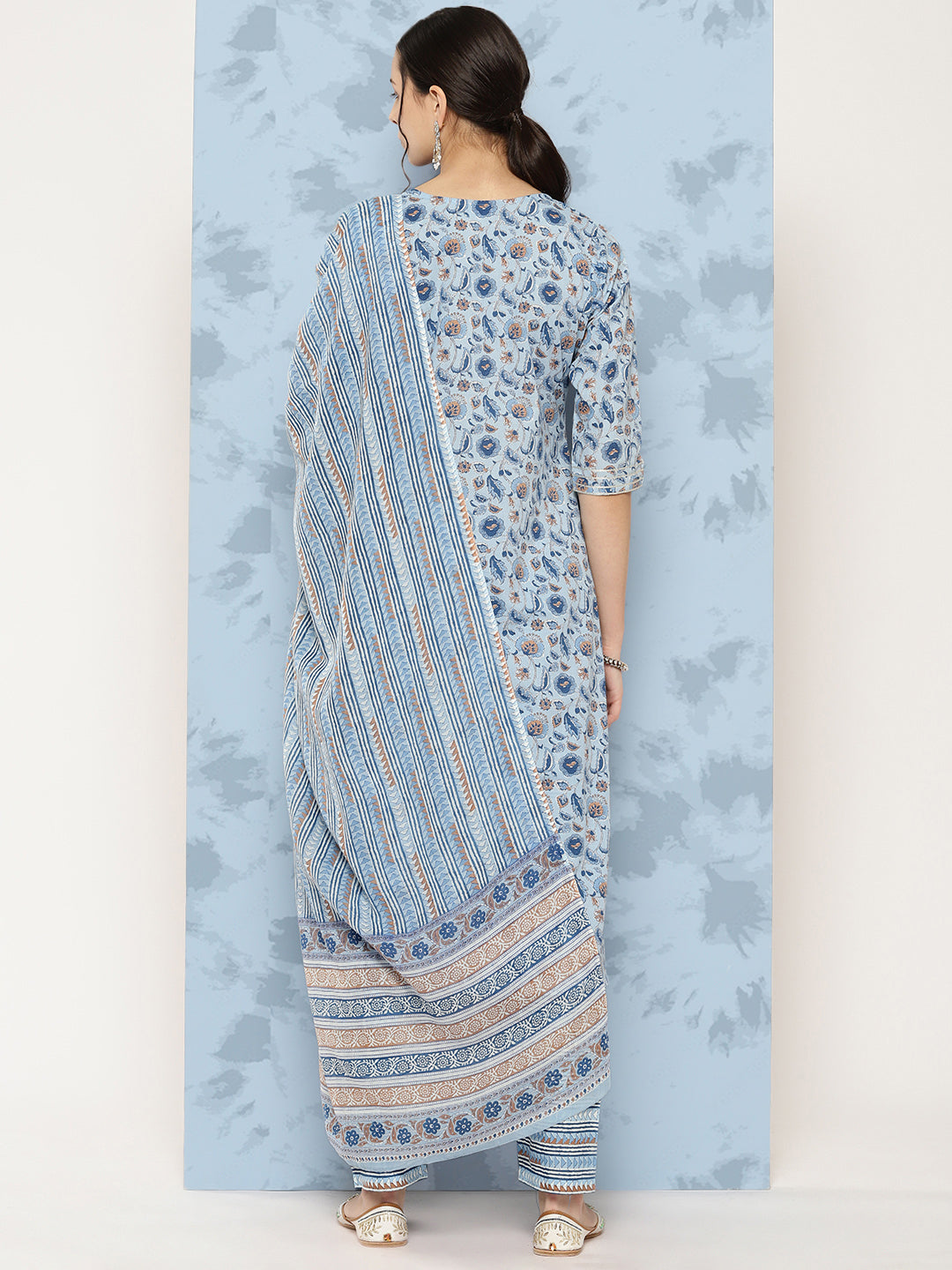 Women's Blue Floral Printed A-Line Kurta With Palazzo And Dupatta