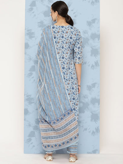 Women's Blue Floral Printed A-Line Kurta With Palazzo And Dupatta