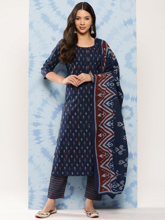 Women's Blue Ethnic Printed Straight Kurta With Trouser