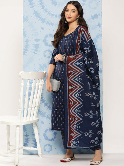 Women's Blue Ethnic Printed Straight Kurta With Trouser