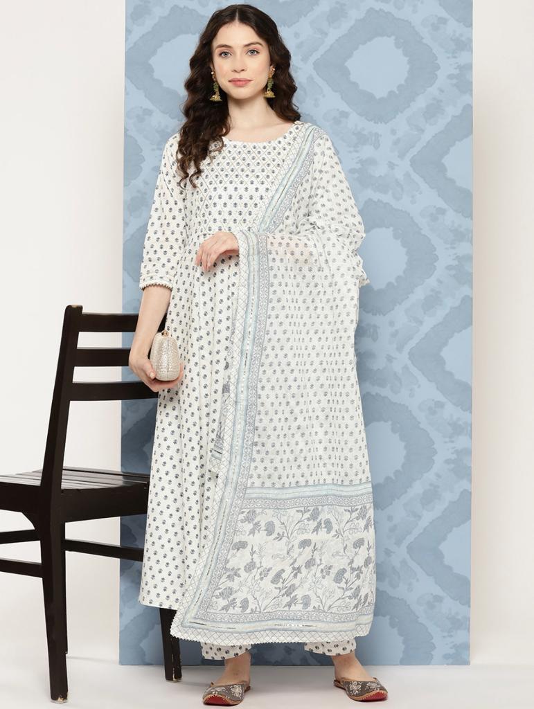 Women's Off White Flared Kurta With Trouser & Dupatta