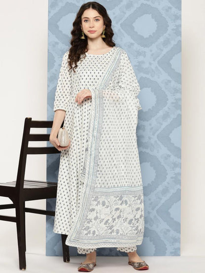 Women's Off White Flared Kurta With Trouser & Dupatta
