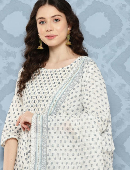 Women's Off White Flared Kurta With Trouser & Dupatta