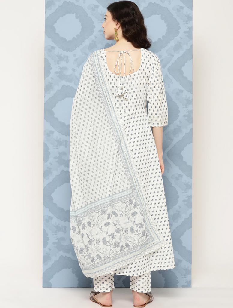 Women's Off White Flared Kurta With Trouser & Dupatta