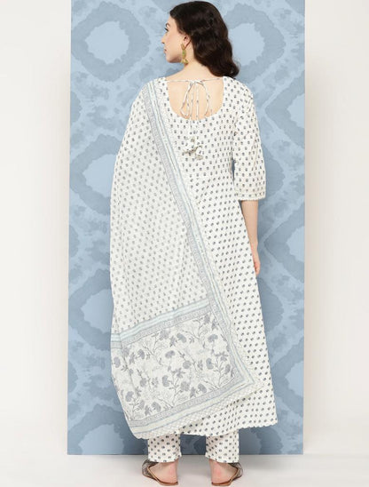 Women's Off White Flared Kurta With Trouser & Dupatta
