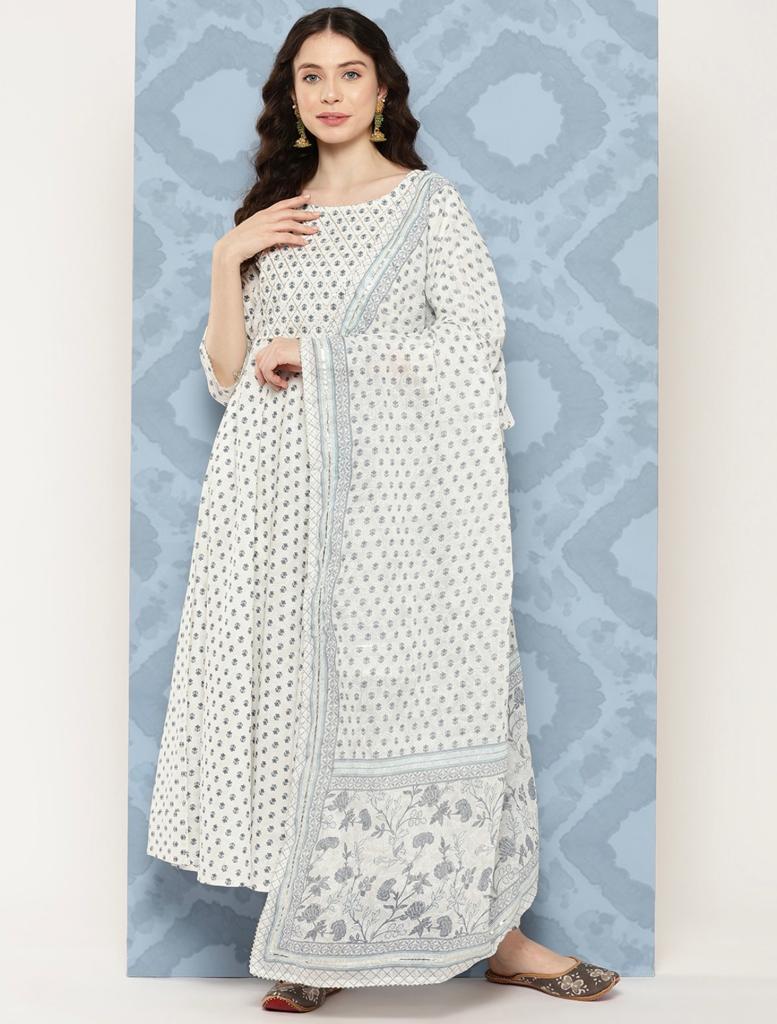 Women's Off White Flared Kurta With Trouser & Dupatta