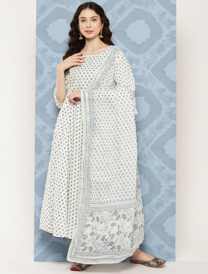 Women's Off White Flared Kurta With Trouser & Dupatta