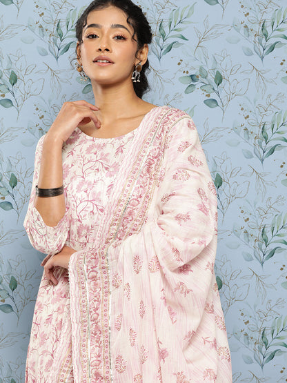 Women's Off- White & Pink Printed Anarkali Kurta With Trouser and Dupatta