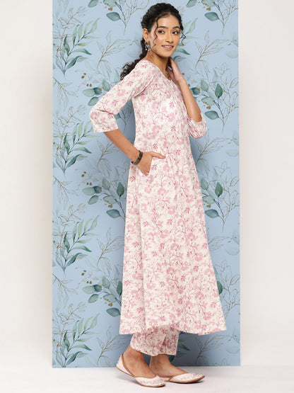 Women's Off- White & Pink Printed Anarkali Kurta With Trouser and Dupatta