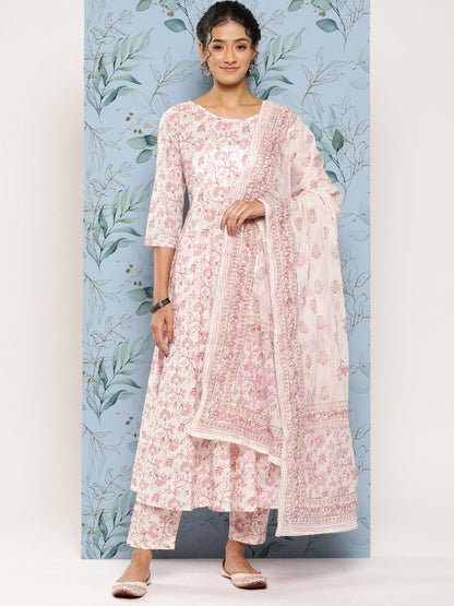 Women's Off- White & Pink Printed Anarkali Kurta With Trouser and Dupatta