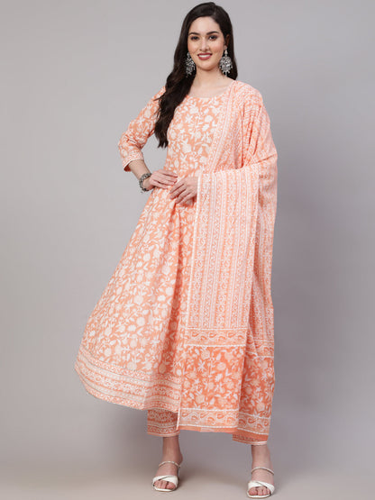 Women's Peach Printed Anarkali Kurta With Trouser and Dupatta