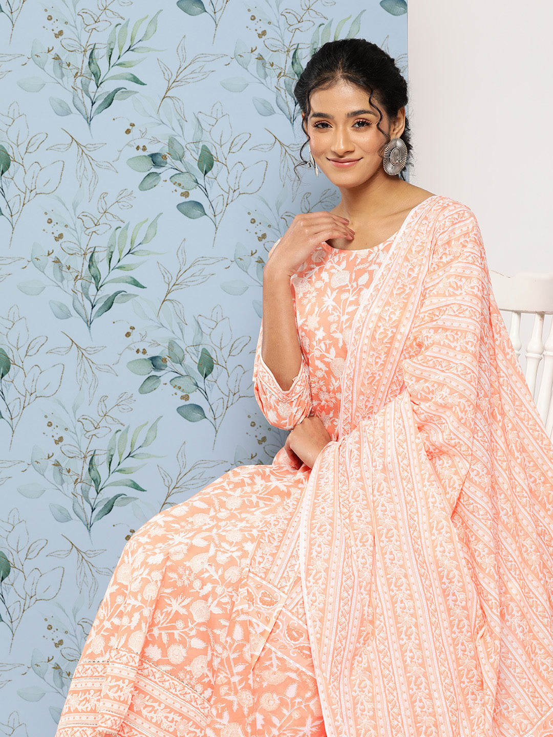 Women's Peach Printed Anarkali Kurta With Trouser and Dupatta