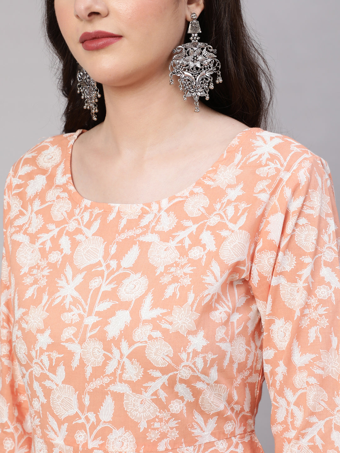 Women's Peach Printed Anarkali Kurta With Trouser and Dupatta