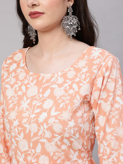 Women's Peach Printed Anarkali Kurta With Trouser and Dupatta