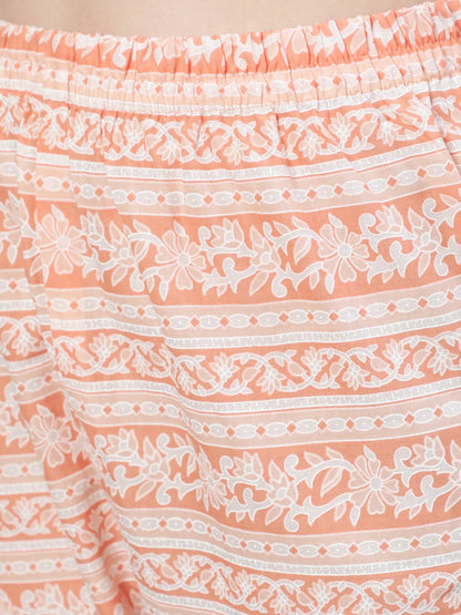 Women's Peach Printed Anarkali Kurta With Trouser and Dupatta