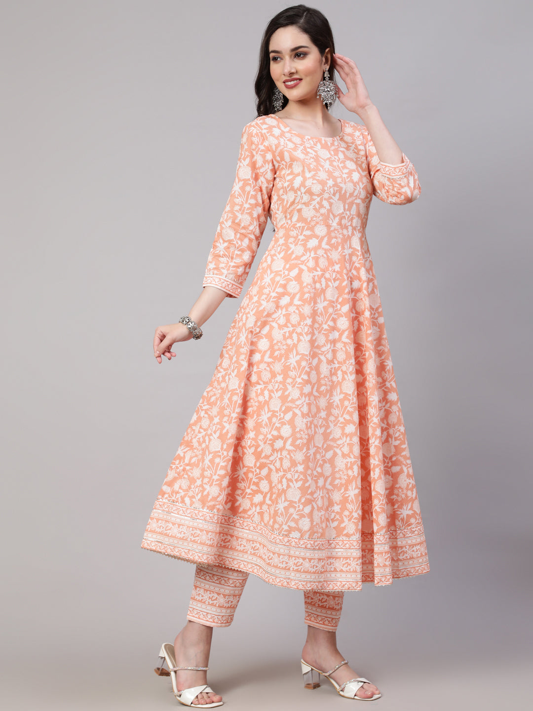 Women's Peach Printed Anarkali Kurta With Trouser and Dupatta