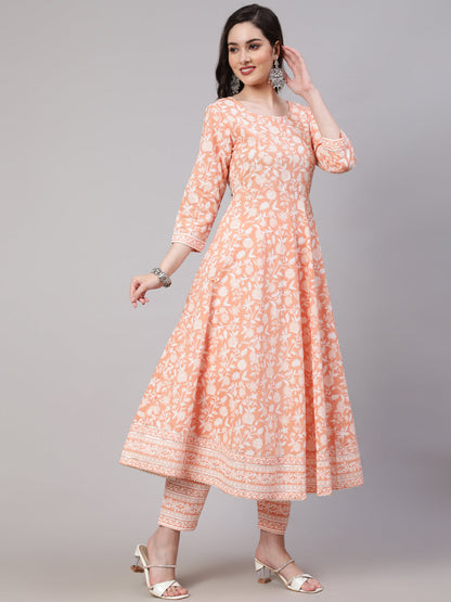 Women's Peach Printed Anarkali Kurta With Trouser and Dupatta