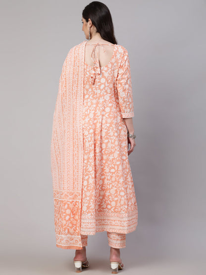Women's Peach Printed Anarkali Kurta With Trouser and Dupatta