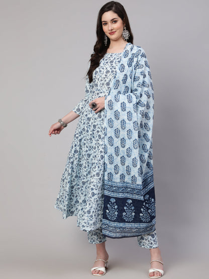 Women's Blue Floral Printed Anarkali Kurta With Trouser And Dupatta