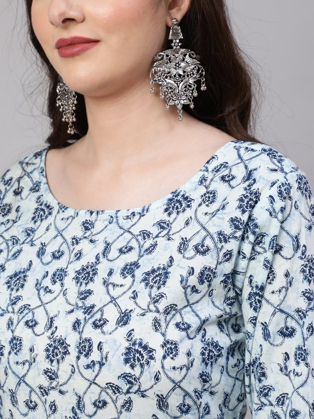 Women's Blue Floral Printed Anarkali Kurta With Trouser And Dupatta