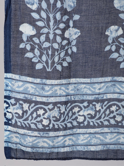 Women's Blue Floral Printed Anarkali Kurta With Trouser And Dupatta