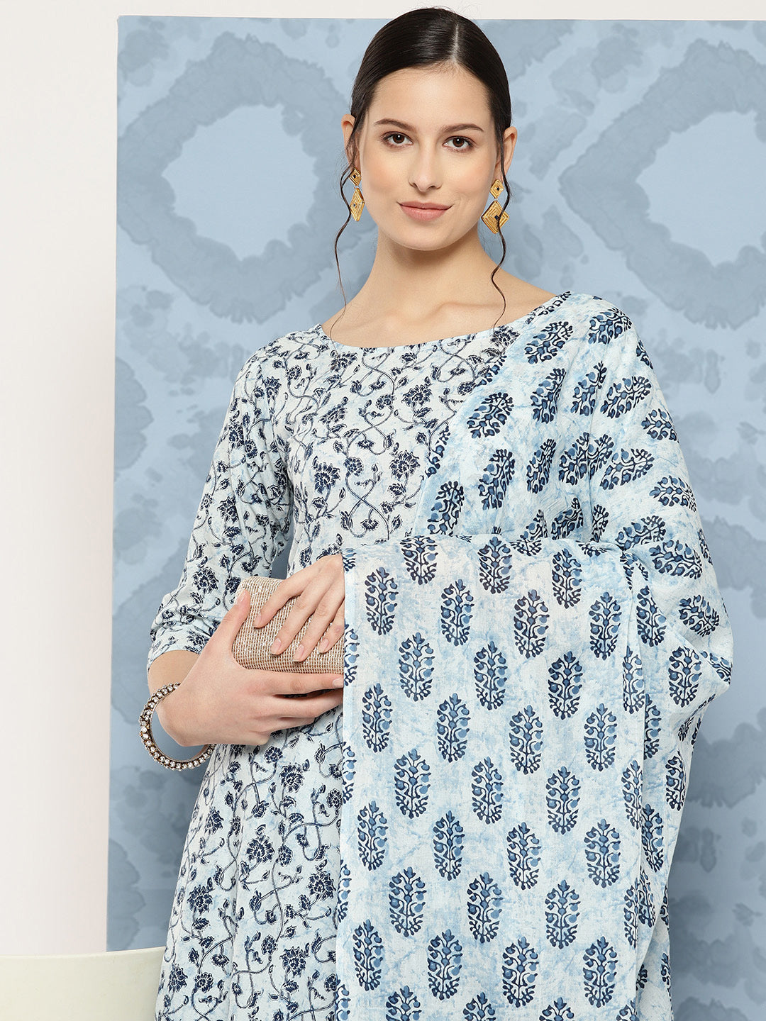 Women's Blue Floral Printed Anarkali Kurta With Trouser And Dupatta