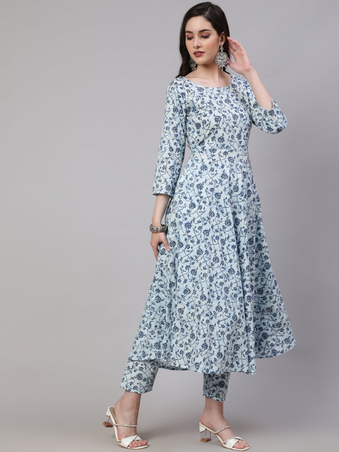 Women's Blue Floral Printed Anarkali Kurta With Trouser And Dupatta