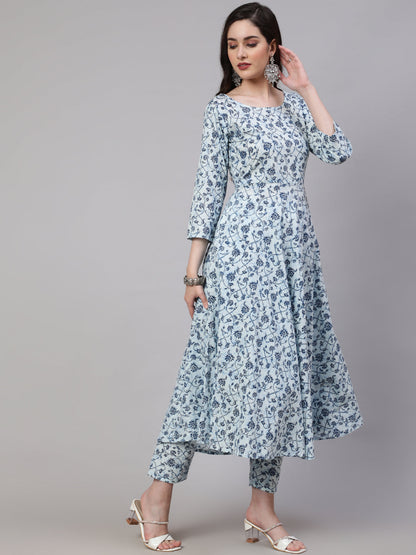 Women's Blue Floral Printed Anarkali Kurta With Trouser And Dupatta