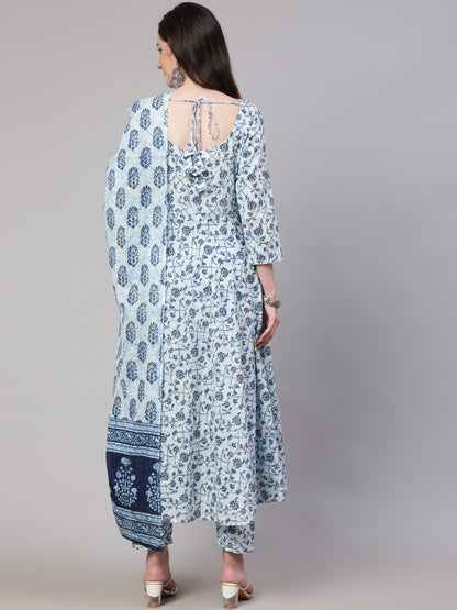 Women's Blue Floral Printed Anarkali Kurta With Trouser And Dupatta
