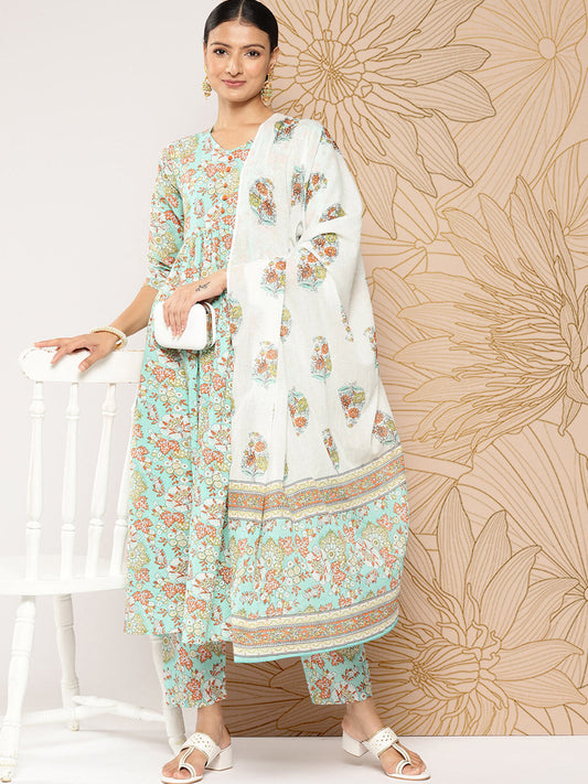 Women's Green Printed Gathered Kurta And Trouser With Dupatta