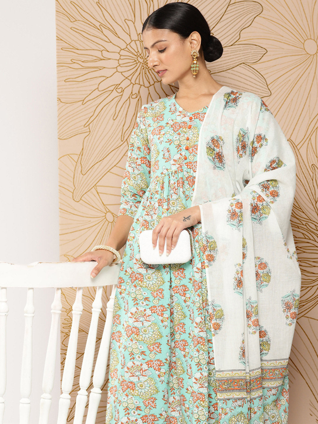 Women's Green Printed Gathered Kurta And Trouser With Dupatta