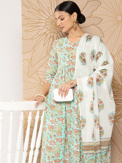 Women's Green Printed Gathered Kurta And Trouser With Dupatta