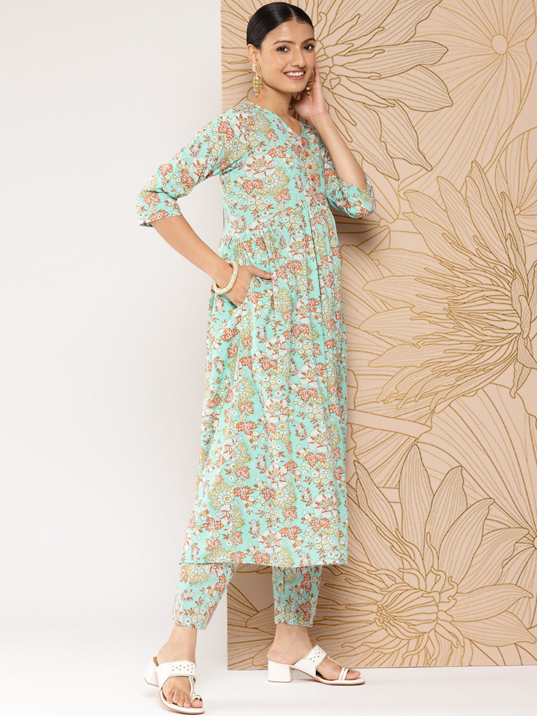 Women's Green Printed Gathered Kurta And Trouser With Dupatta