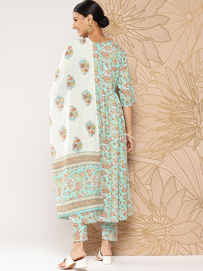 Women's Green Printed Gathered Kurta And Trouser With Dupatta