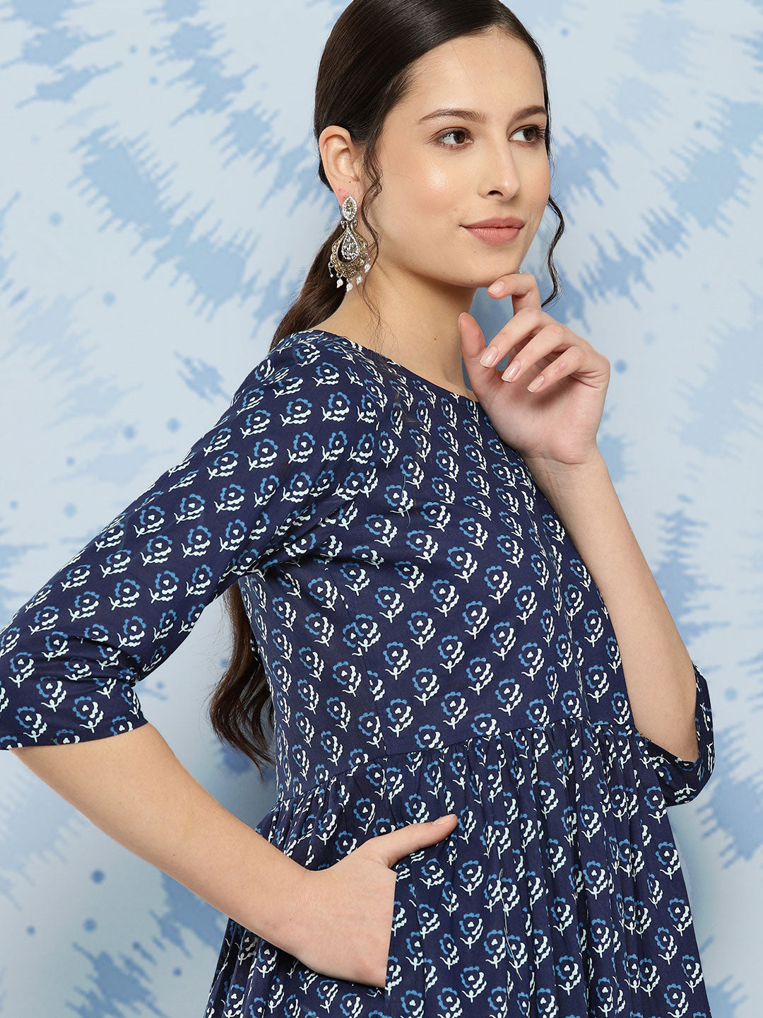 Women's Wome Navy Blue Printed Flared Dress With Three quarter Sleeves