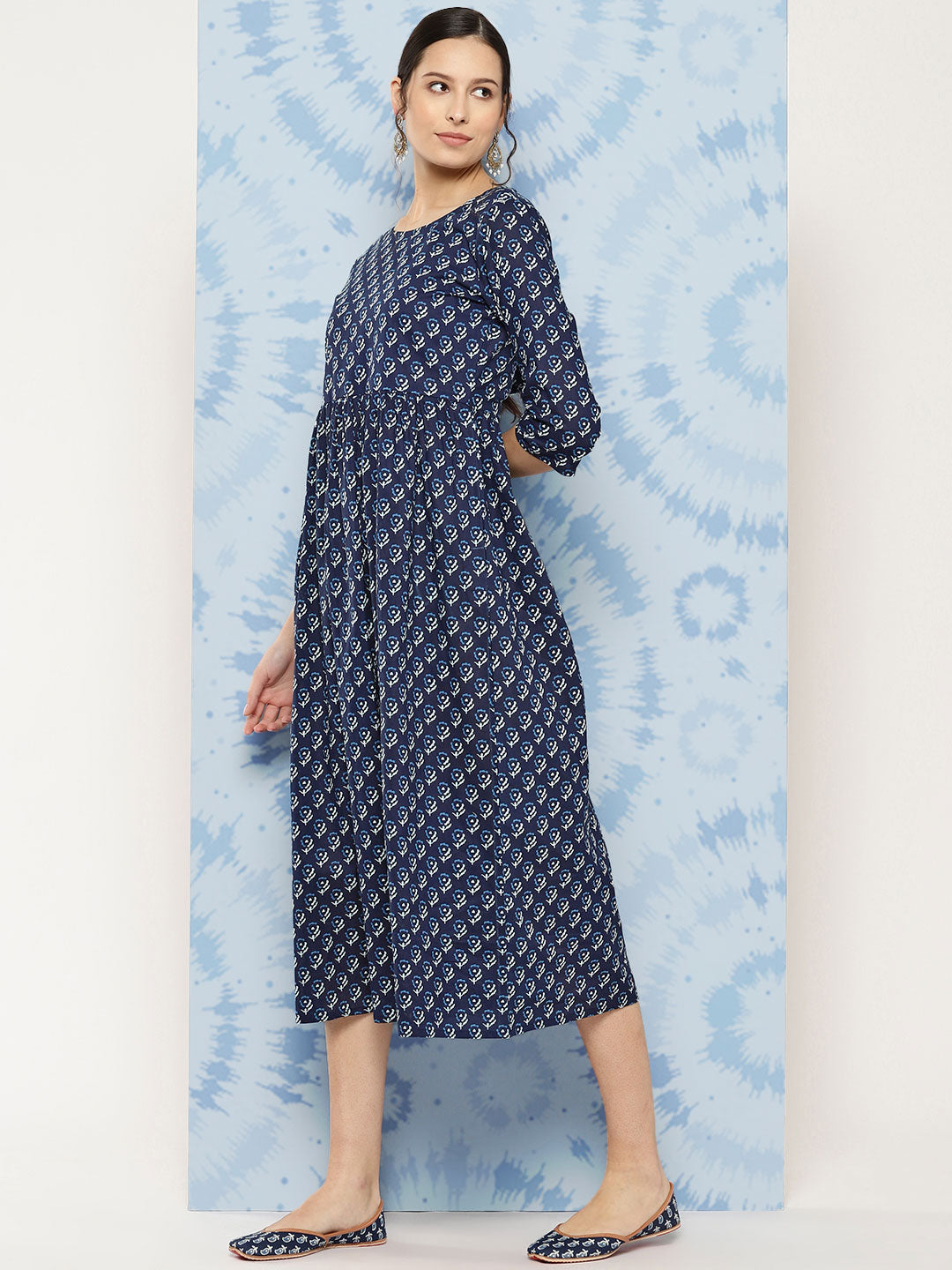 Women's Wome Navy Blue Printed Flared Dress With Three quarter Sleeves