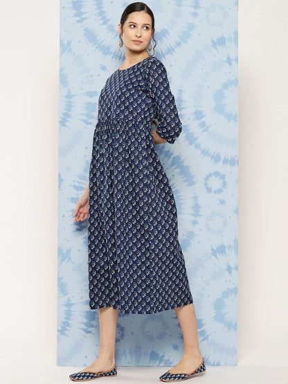 Women's Wome Navy Blue Printed Flared Dress With Three quarter Sleeves