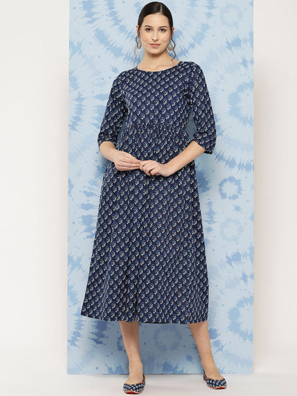 Women's Wome Navy Blue Printed Flared Dress With Three quarter Sleeves