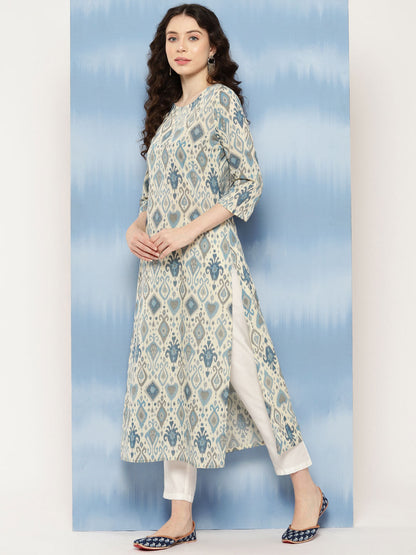 Women's Blue Ethnic Printed Straight Kurta with Three Quarter Sleeves