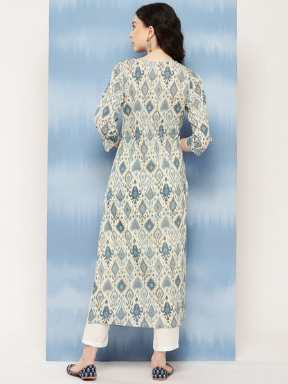 Women's Blue Ethnic Printed Straight Kurta with Three Quarter Sleeves