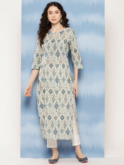 Women's Blue Ethnic Printed Straight Kurta with Three Quarter Sleeves