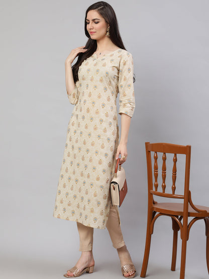 Women's Cream Ethnic Printed Straight Kurta with Three Quarter Sleeves