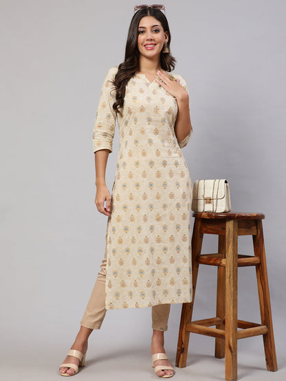 Women's Cream Ethnic Printed Straight Kurta with Three Quarter Sleeves