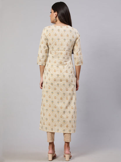 Women's Cream Ethnic Printed Straight Kurta with Three Quarter Sleeves