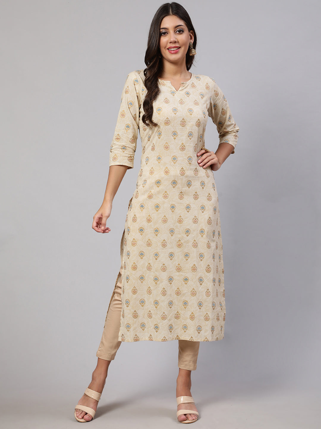 Women's Cream Ethnic Printed Straight Kurta with Three Quarter Sleeves