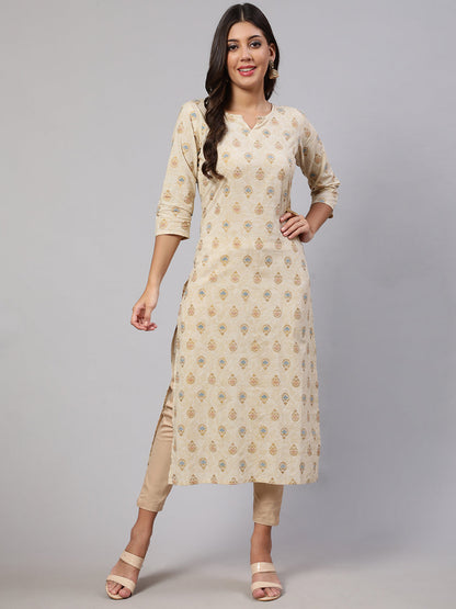 Women's Cream Ethnic Printed Straight Kurta with Three Quarter Sleeves