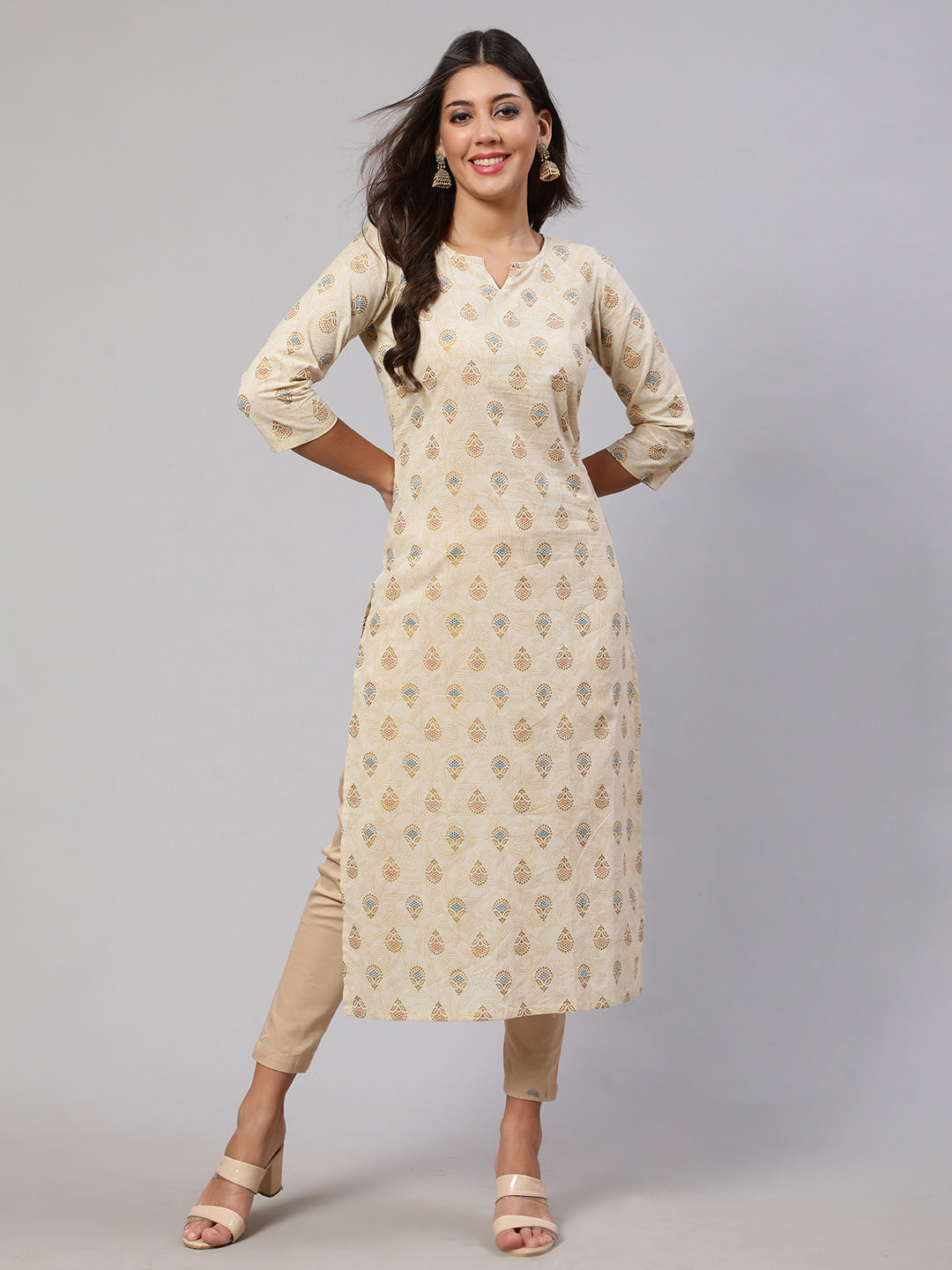 Women's Cream Ethnic Printed Straight Kurta with Three Quarter Sleeves