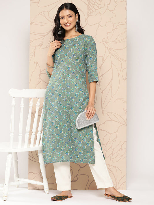 Women's Green Ethnic Printed Straight Kurta With Three Quarter Sleeves
